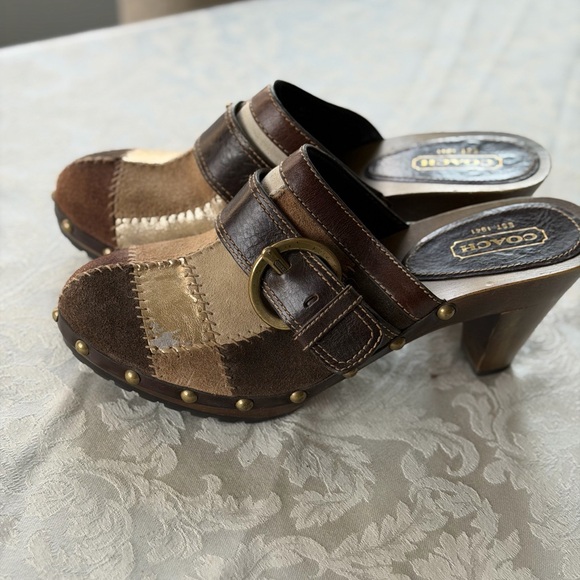 Coach Shoes - Coach Tan and Brown Patchwork Heeled Mules